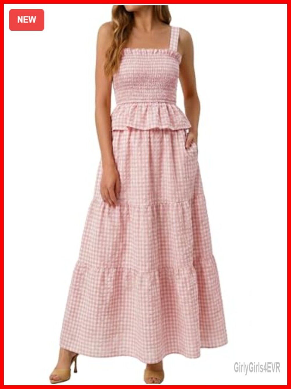 Gingham Plaid 2 Piece Skirt Set Square Neck Tank Top Smocked Bodice Maxi Skirt